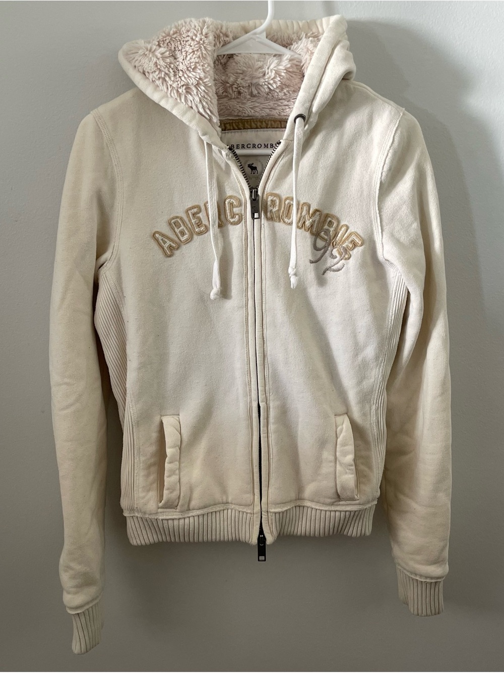 Abercrombie Cream Sherpa-Lined Zip Hoodie Jacket